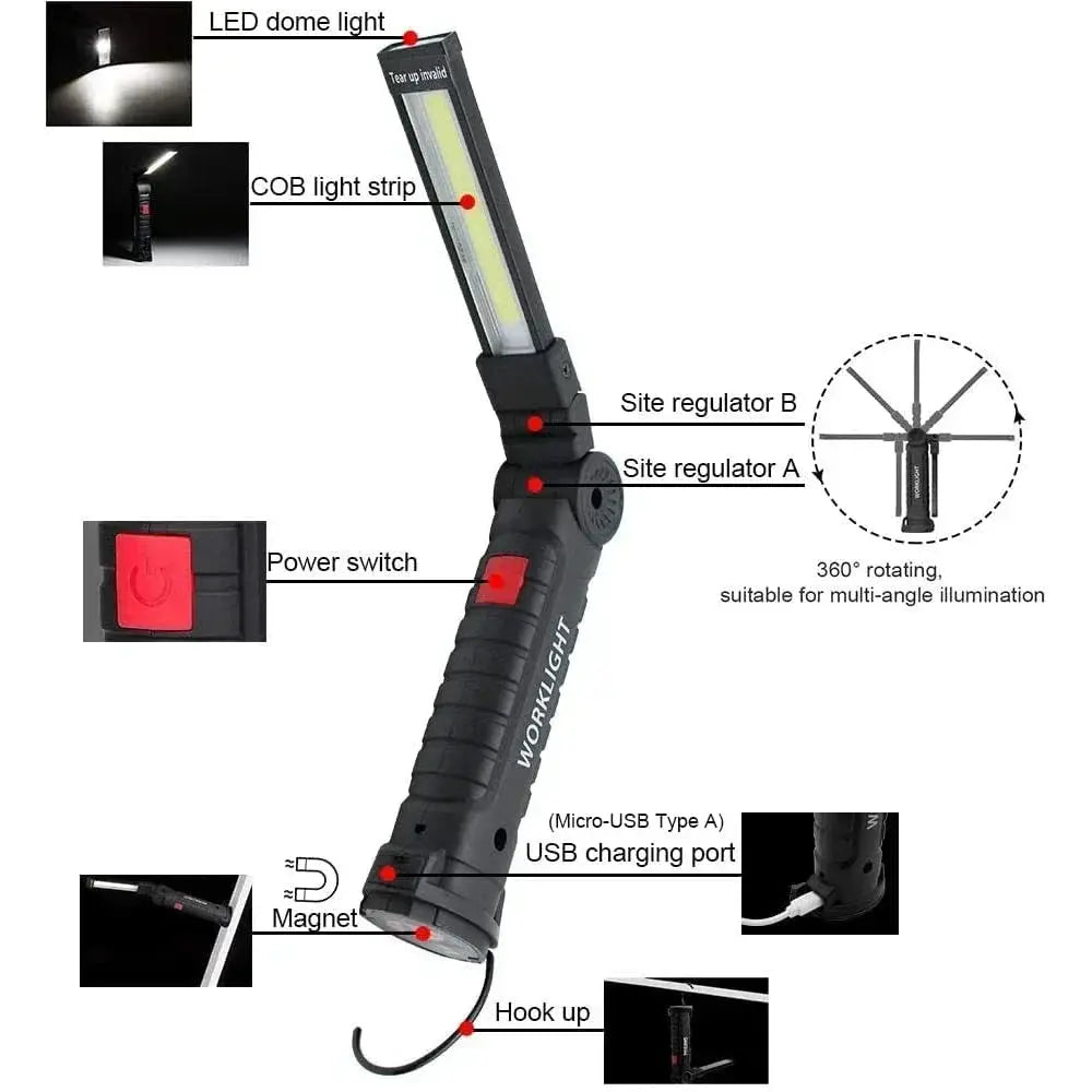 Simples Market portable COB LED work light, USB rechargeable with magnetic hook and 18650 battery