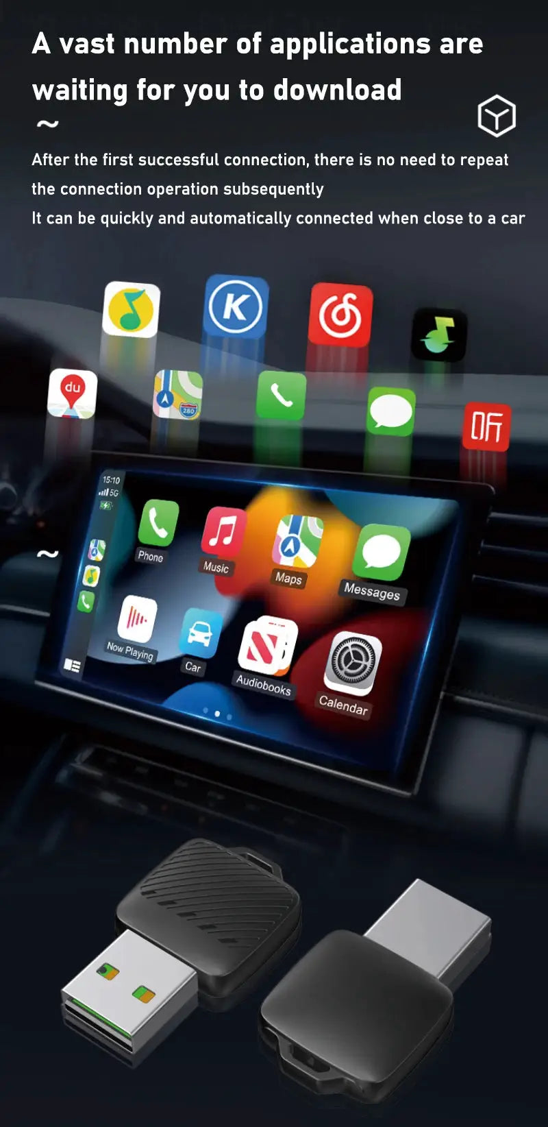 2-in-1 wireless Android Auto and CarPlay adapter dongle, two-piece black USB unit by Simples Market
