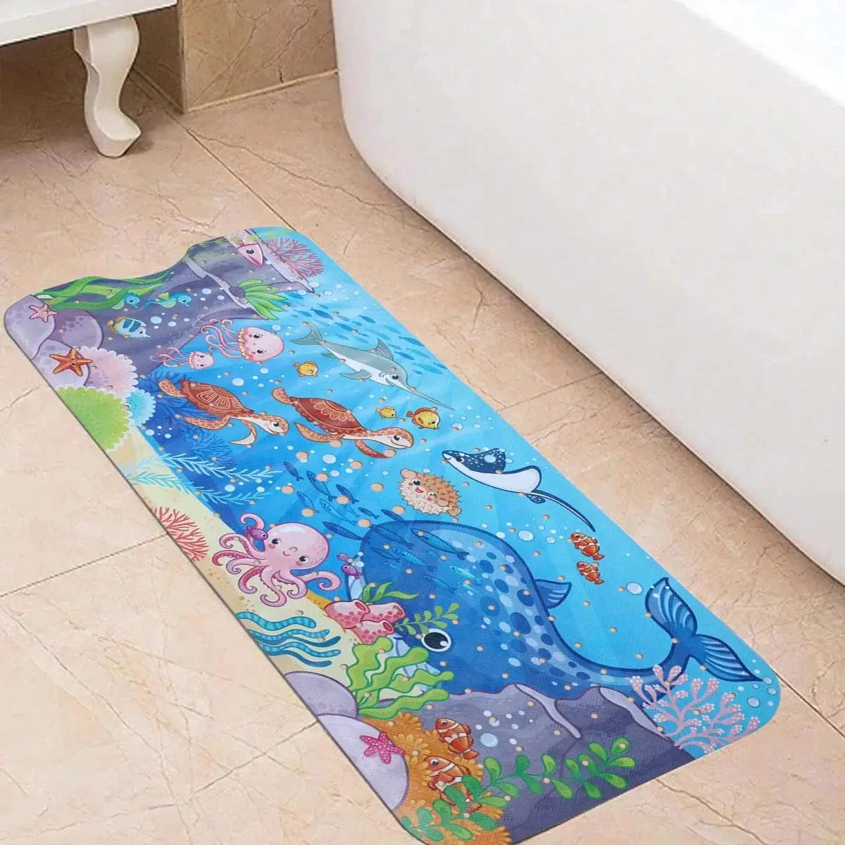 Cartoon bathtub mat, blue underwater sea life design, 40x100cm