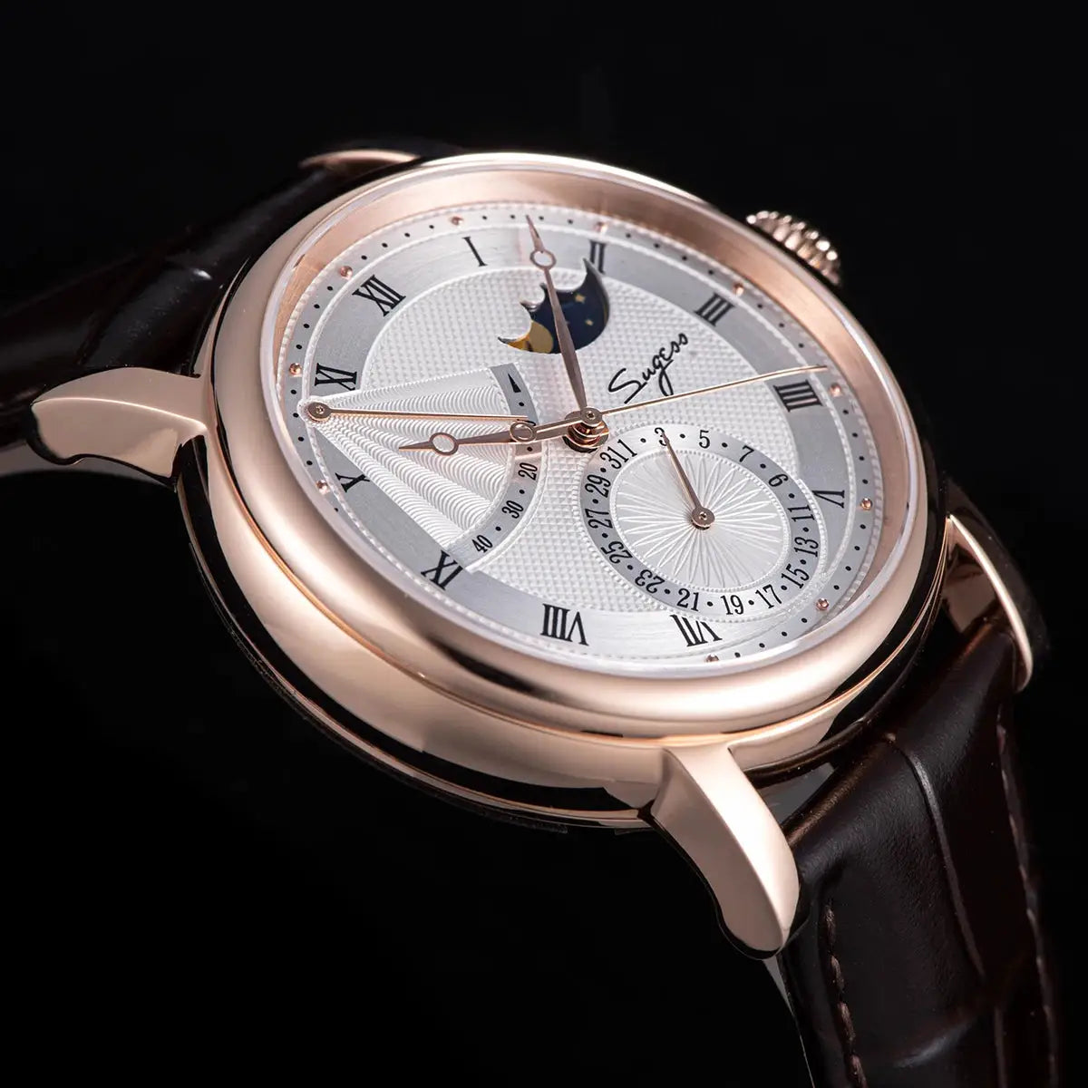Sugess Moonphase men's automatic watch with rose-gold case, sapphire glass, leather strap