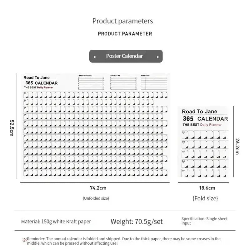 2026 daily calendar poster by Simples Market; 365-day wall planner, unfolded large sheet and compact folded version.