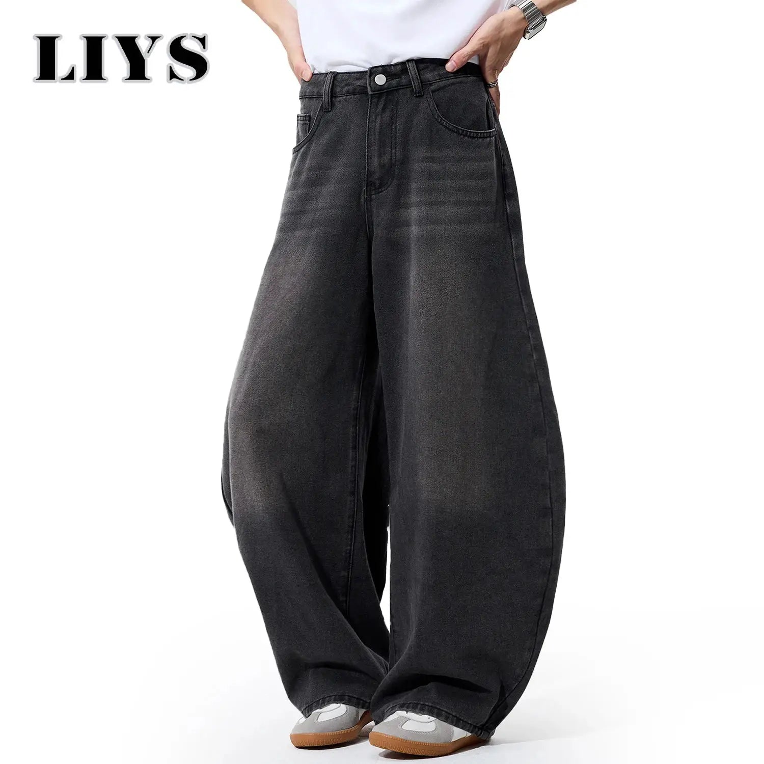Men's wide-leg denim jeans, black-gray washed, LIYS logo visible
