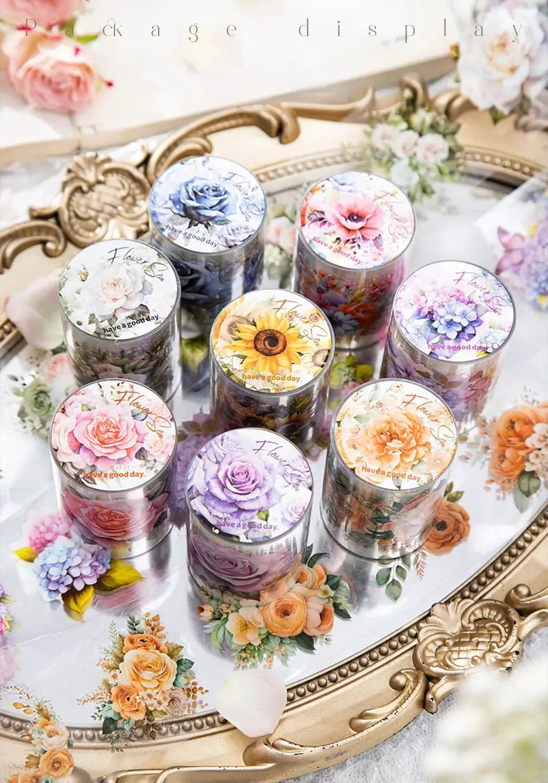 Mr.paper PET Washi Tape Flower Garden Series assorted floral rolls set by Simples Market on a mirrored tray