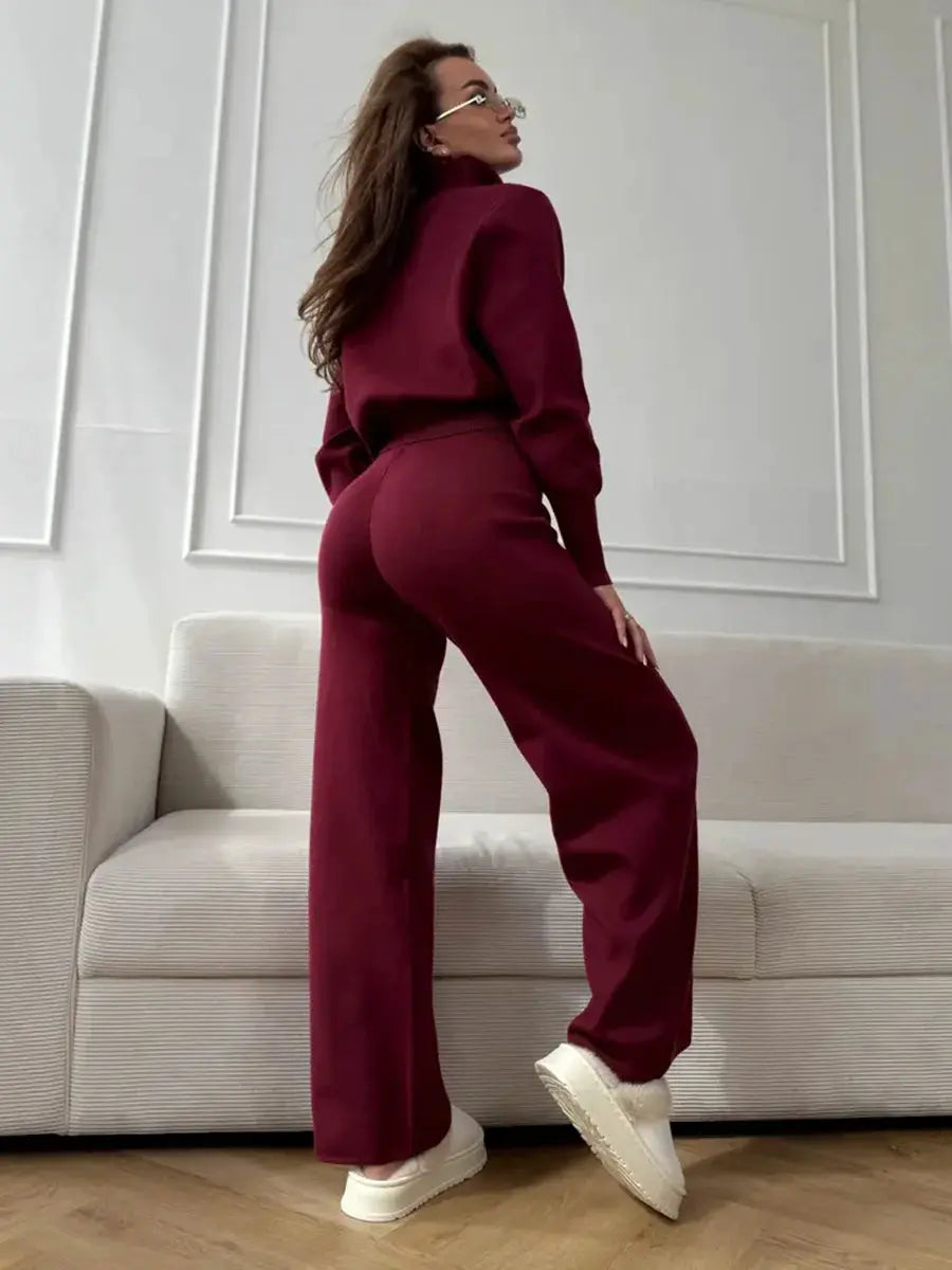 Bornladies Knit Zip Up Cropped Cardigan With Wide Leg Pants Set Women