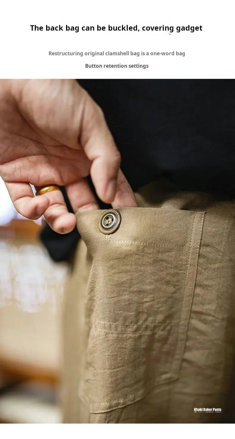Maden men's vintage linen-blend chinos in khaki with button waist detail.