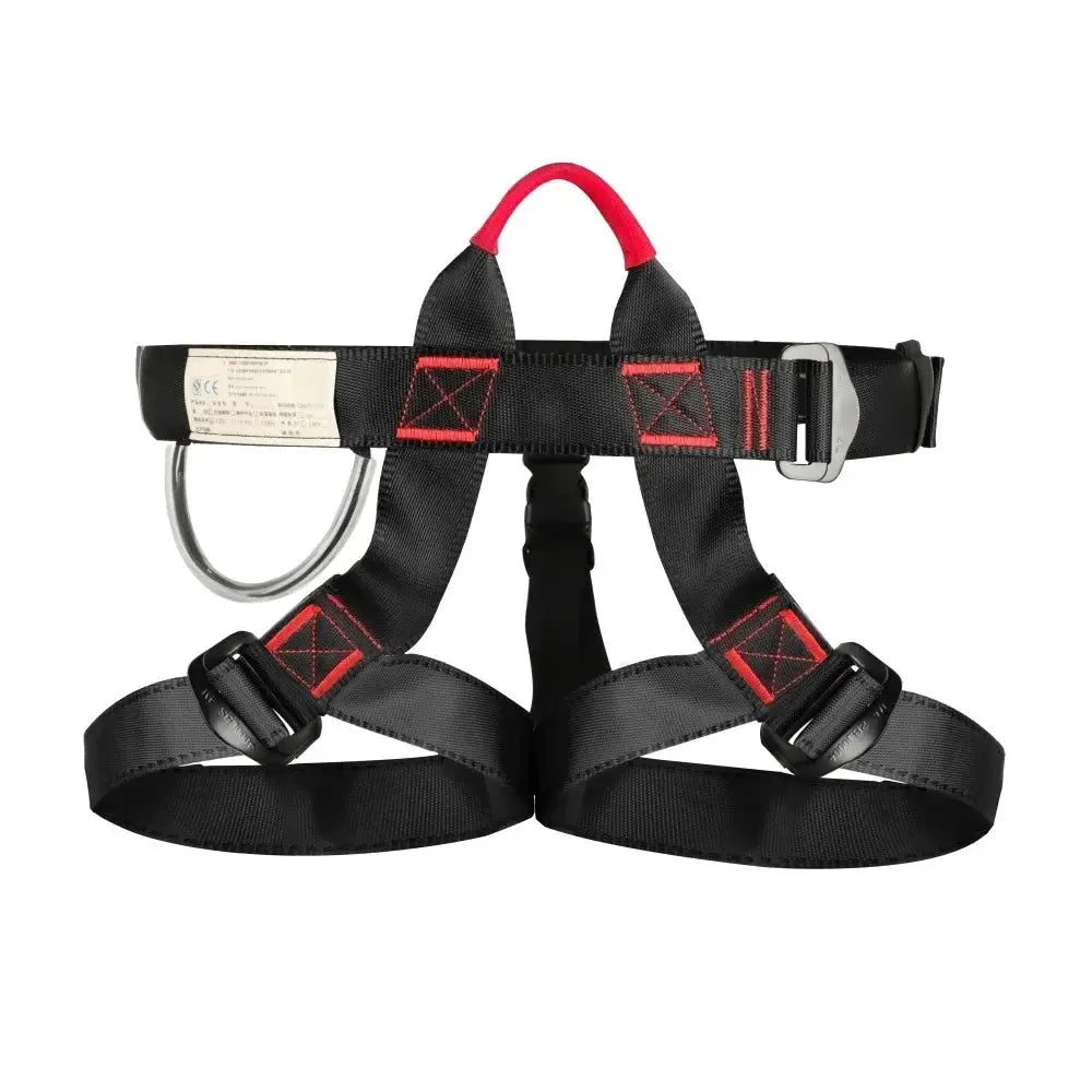 Outdoor half-body rock climbing harness with black straps, red stitching, metal D-ring and adjustable leg loops.