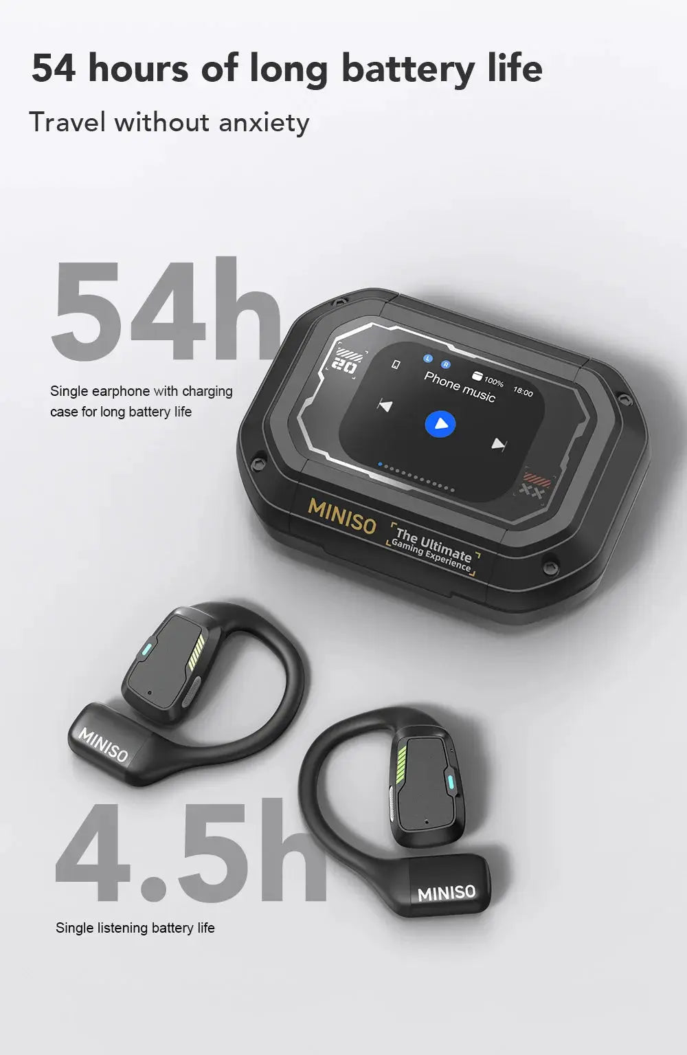 MINISO M98 wireless headphones with LCD touch-screen charging case and two sport-earbuds, black