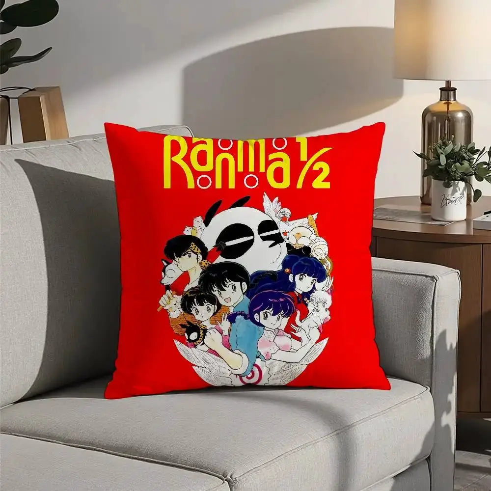 P Chan Ranma pillow cover, red double-sided plush cushion with cartoon characters for sofa decor