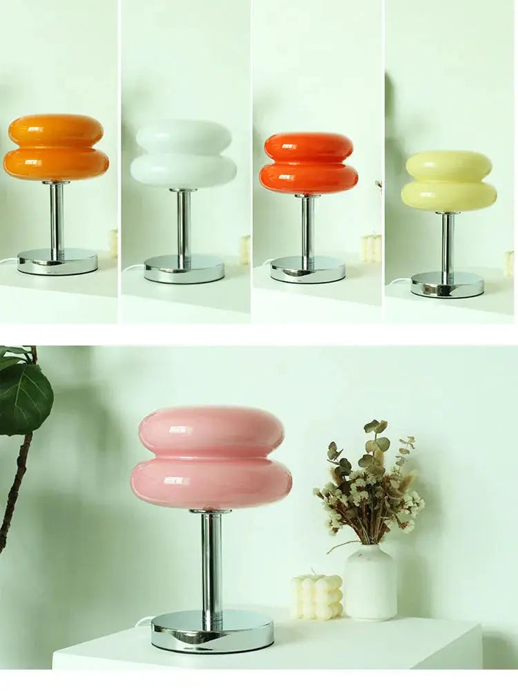 Macaron glass table lamp by Simples Market; chrome stem and base with orange, white, red, yellow and pink color options.