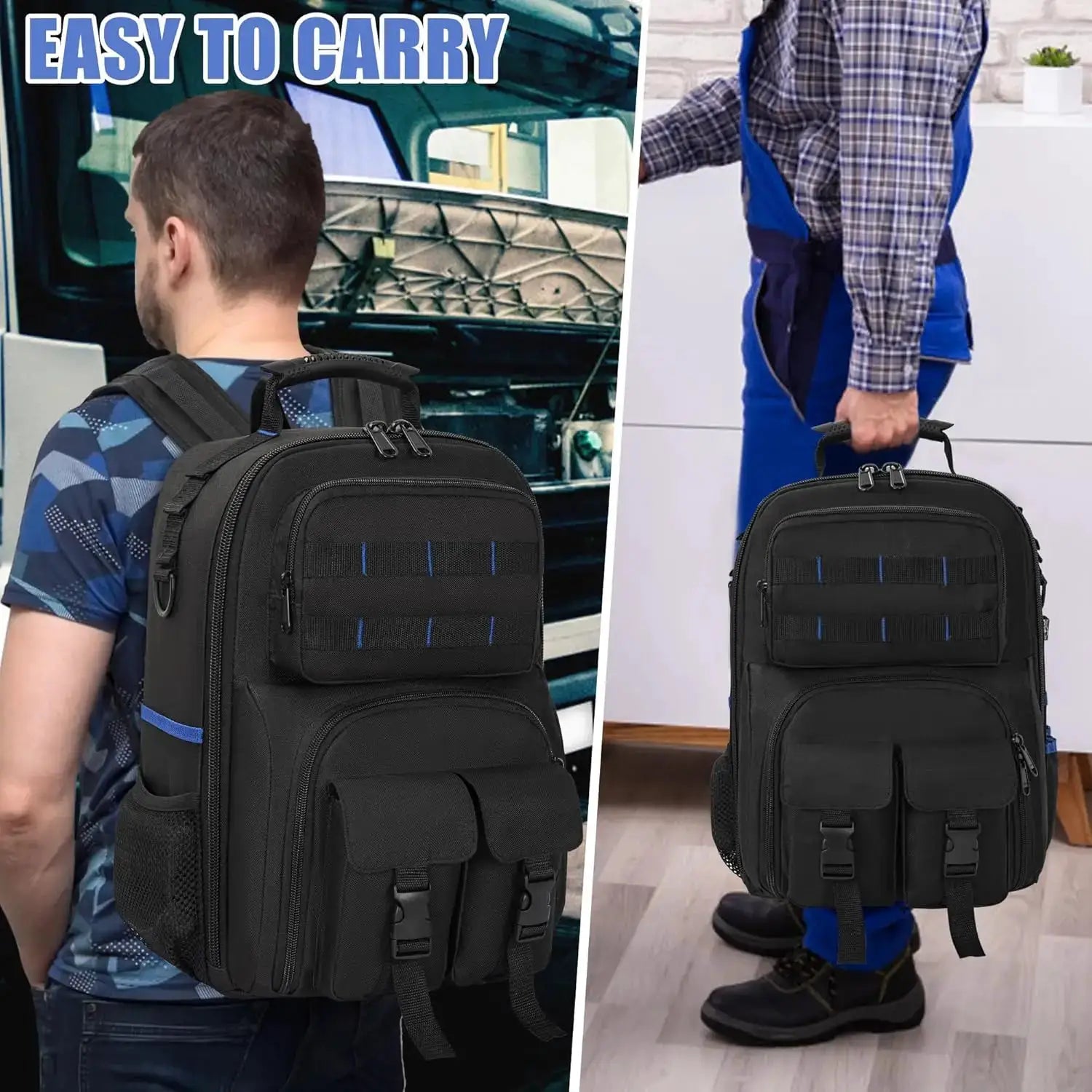 Tool backpack in black with padded shoulder straps and removable tool organizer; water-resistant construction.