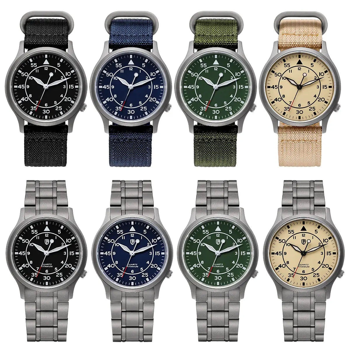 BERNY Titanium Watch for Men set of 8 with black blue green beige dials and fabric or metal straps