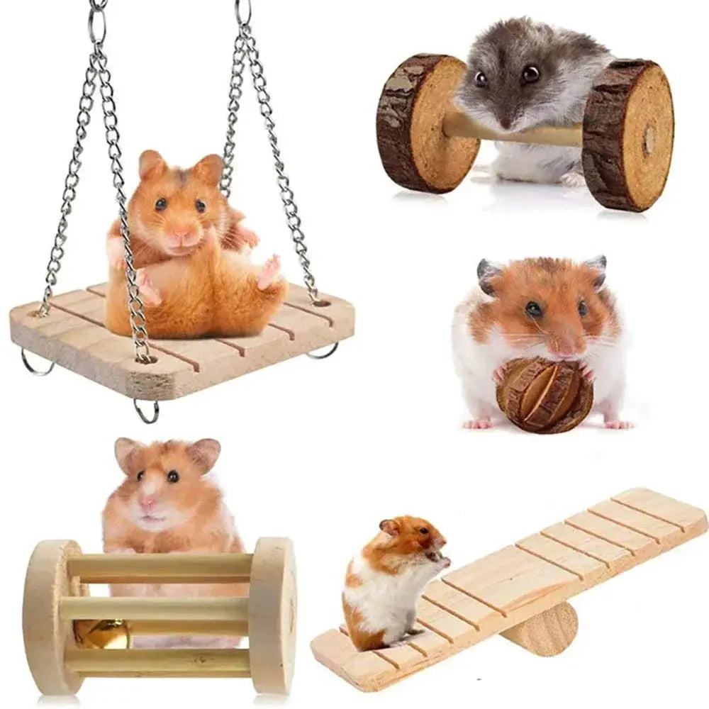 Cute Rabbit Roller Toys 6-piece pine wood set for guinea pigs and small pets; includes swing, ramp, roller, ball.