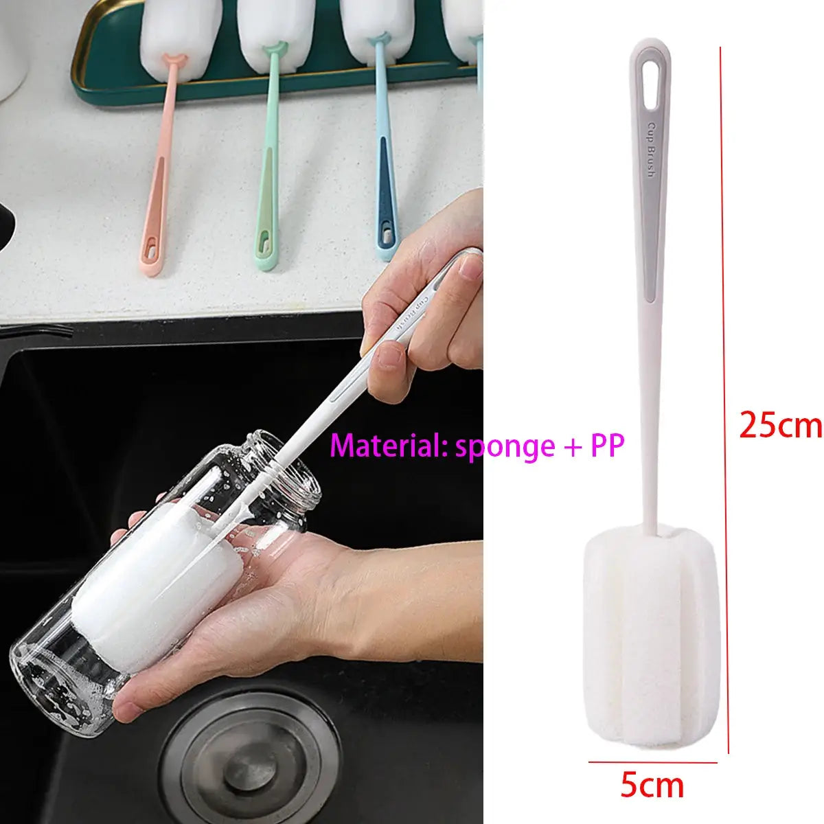 Long-handle cup brush set of 3 pastel-colored brushes by Simples Market; sponge + PP, 25cm handle