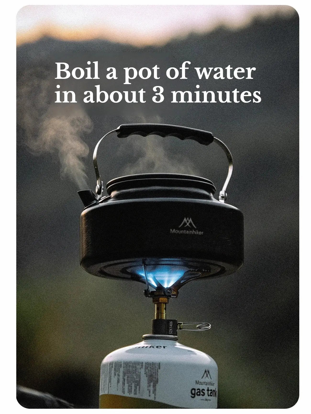 MK-3000W mini portable camping gas burner by Simples Market; black folding stove with blue flame on a gas canister
