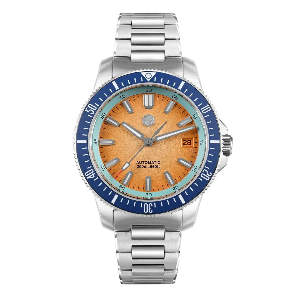 San Martin 40mm diver watch with orange dial, blue bezel, and stainless steel bracelet.