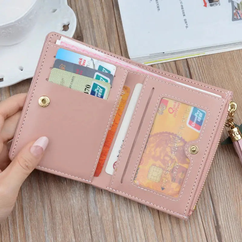 Wallet pink PU leather compact purse with card slots and clear ID window