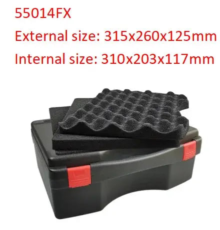 Multifunctional plastic toolbox with foam insert and red latches, black exterior, external size 315x260x125mm