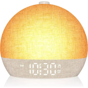 Simples Market Wake Up Light sunrise alarm clock; orange fabric globe, gray base, digital display