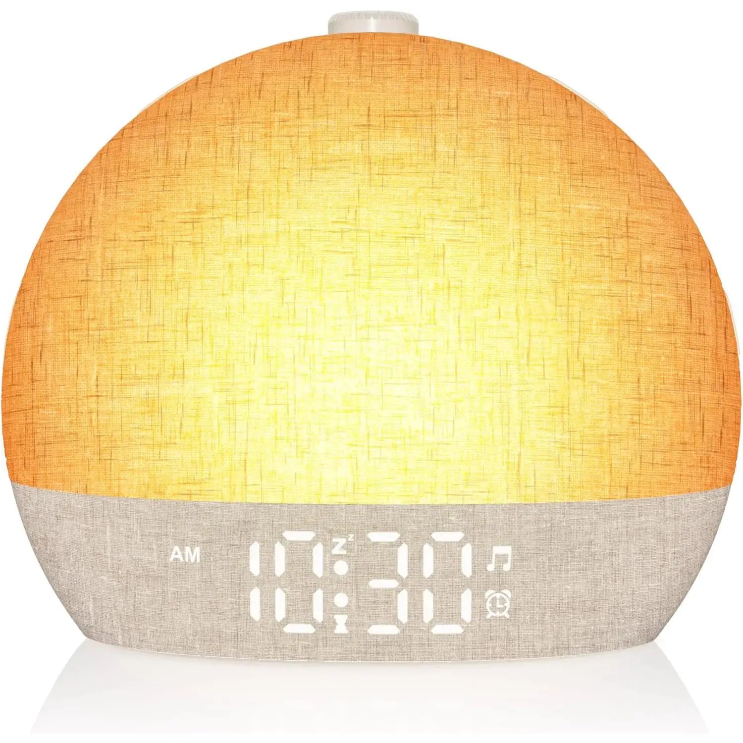 Simples Market Wake Up Light sunrise alarm clock; orange fabric globe, gray base, digital display