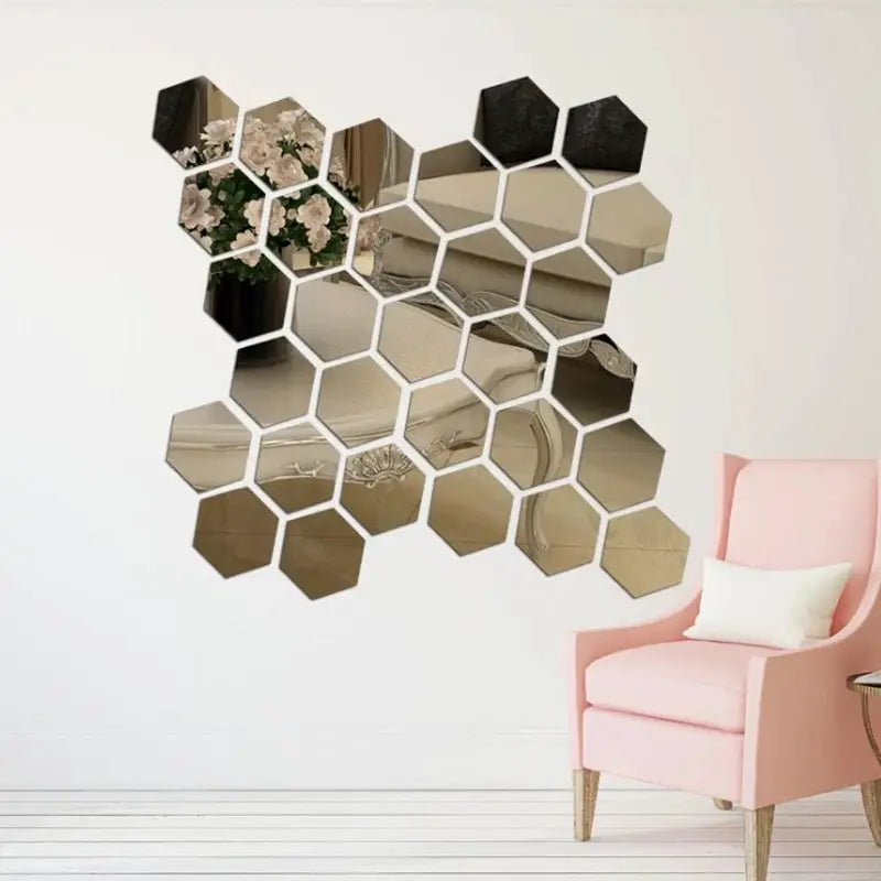 Hexagonal acrylic mirror wall stickers, 12pcs, crystal reflective tiles for wall decoration