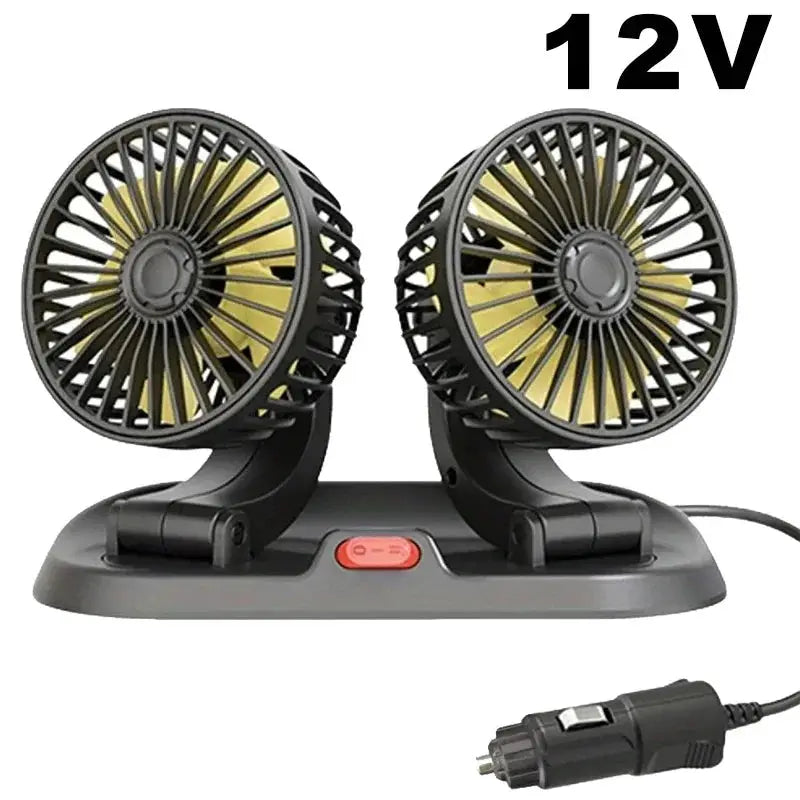 Car fan by Simples Market with two adjustable heads on a base; black housings and yellow blades, cigarette lighter plug