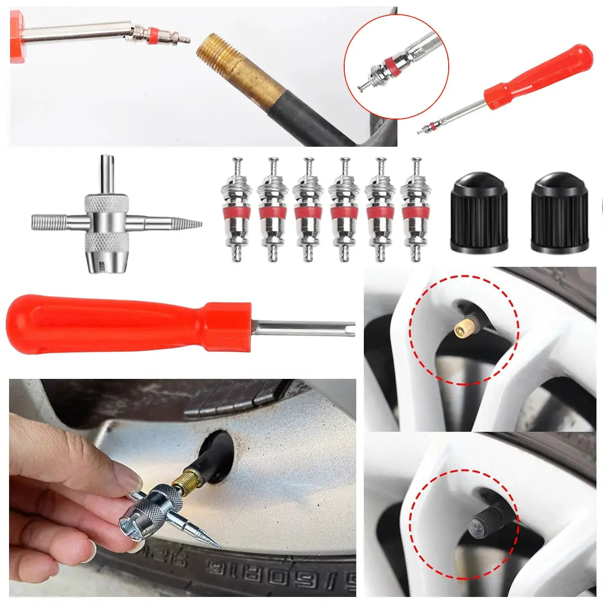 Valve core remover tool set with red-slotted handle and six valve cores for car, bicycle and motorcycle tires