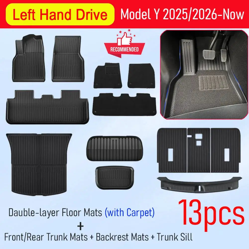 USVOTOV 13-piece Tesla Model Y floor mats set, black TPE double-layer with carpet; includes front, rear, cargo mats