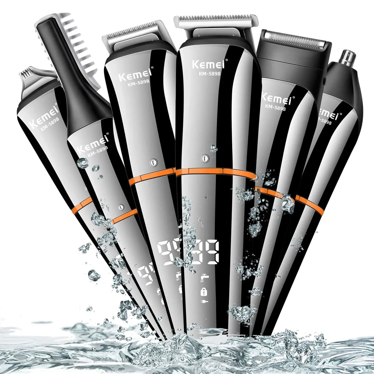 Kemei KM-5898 11-in-1 men's grooming kit with stainless steel trimmers and multiple attachments