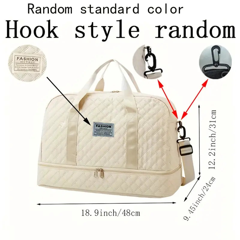 Duffle bag by Simples Market, quilted beige, spacious and lightweight, with fashion emblem and detachable strap