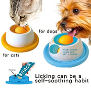 Lick Toys for Dogs and Cats, interactive slow-feeder set with orange balls on blue and yellow bases (2 pieces).