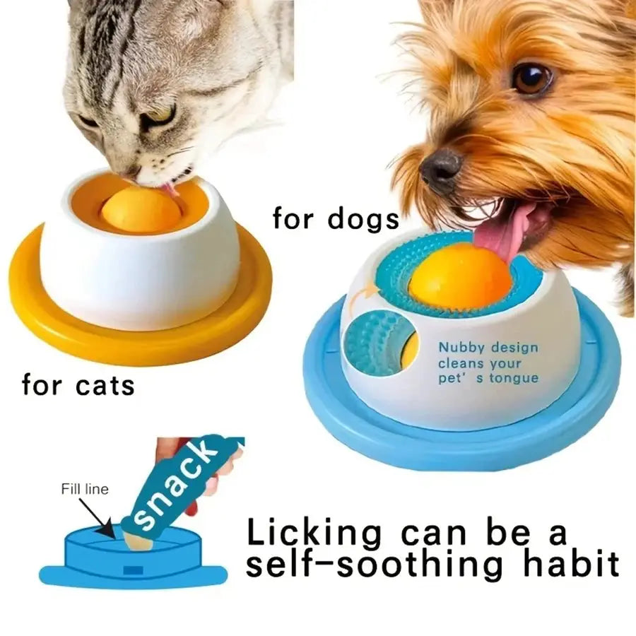 Lick Toys for Dogs and Cats, interactive slow-feeder set with orange balls on blue and yellow bases (2 pieces).