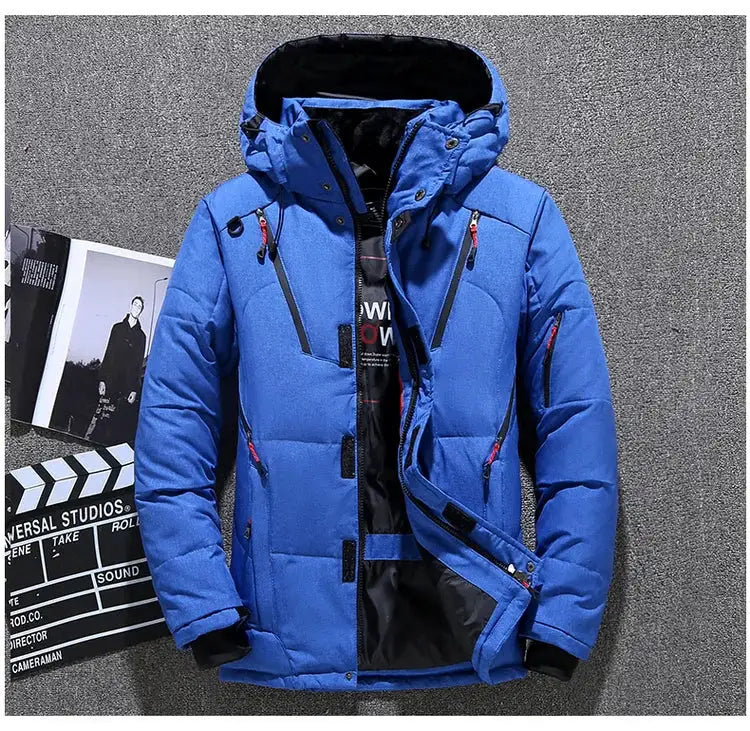 Men's blue duck-down hooded puffer jacket by Simples Market