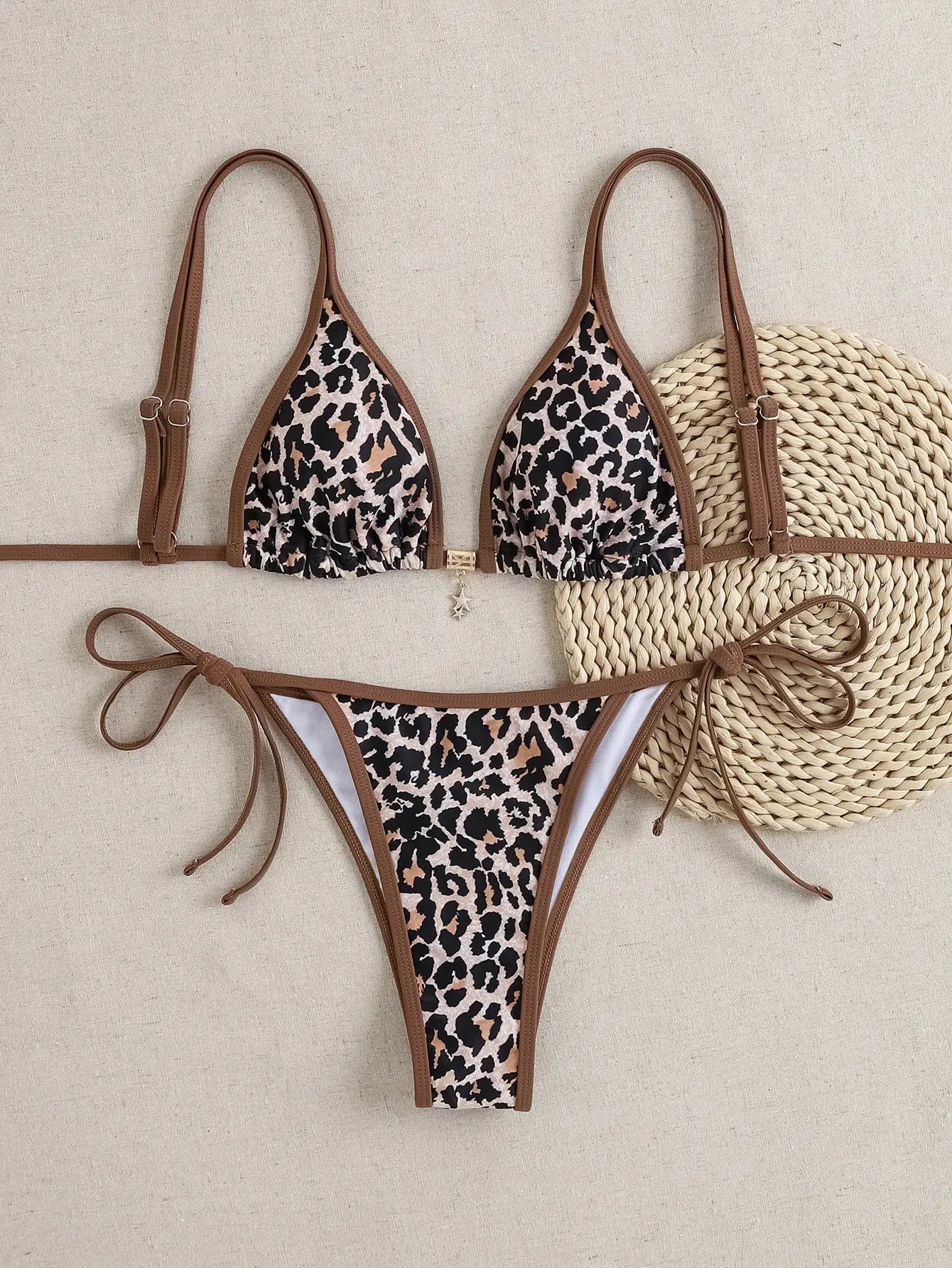 Triangle bikini set by Simples Market, floral print with brown trim, push-up top and Brazilian bottoms