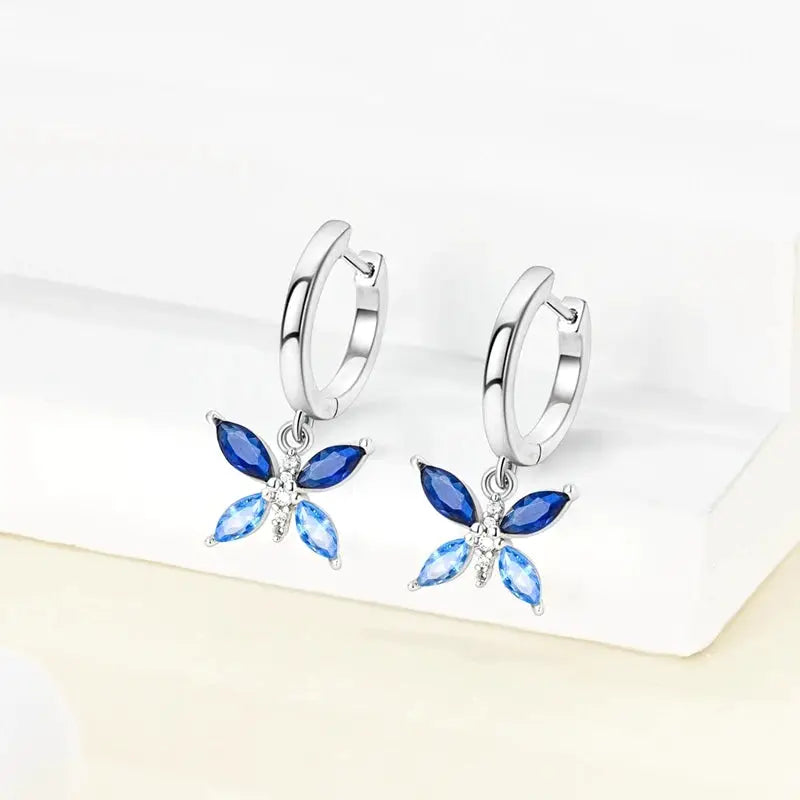 Original 925 Sterling Silver Blue Zirconium Butterfly Hoop Earrings For Women Colored Fine Jewelry Party Earrings
