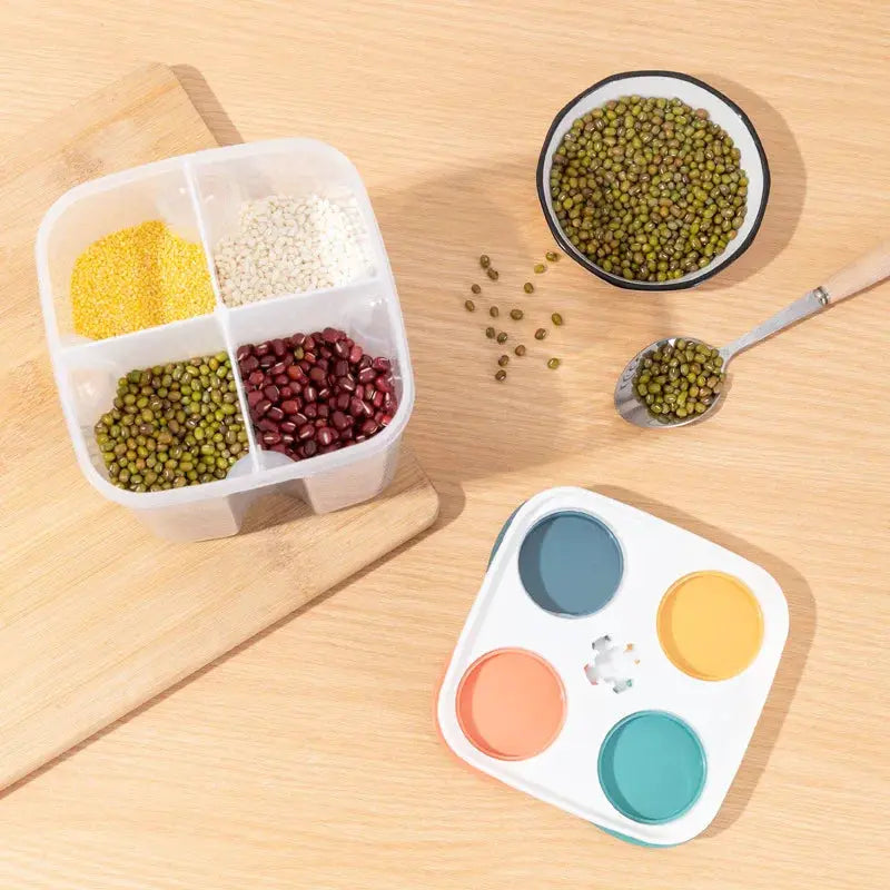 KitchenKeeper Four Grid Cereals Storage Box Moisture Proof Sealed Food Container Keeps Fresh