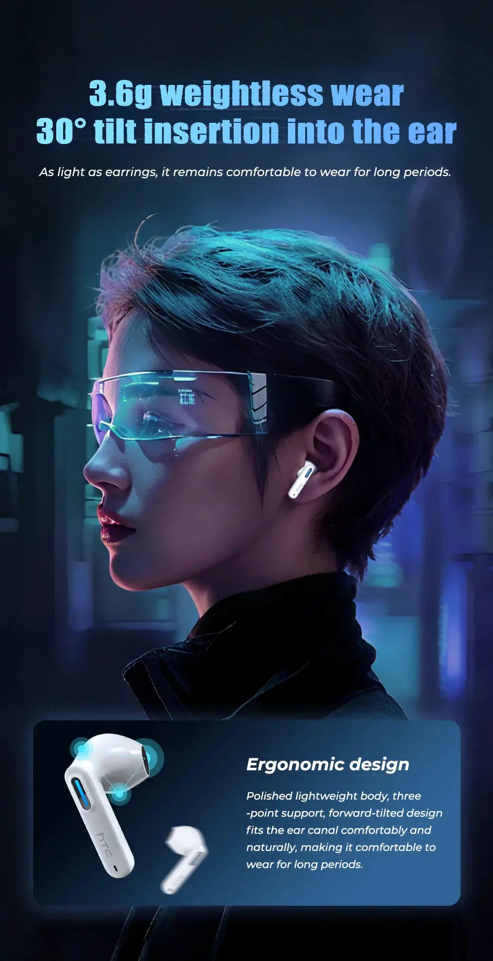 HTC NE49 Bluetooth wireless earphones in white by Simples Market; TWS sporty earbuds with ultra-low latency
