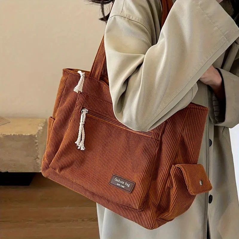 Corduroy Tote Bag With Multiple Pockets Retro Solid Color Shoulder Bag For Easy Organization