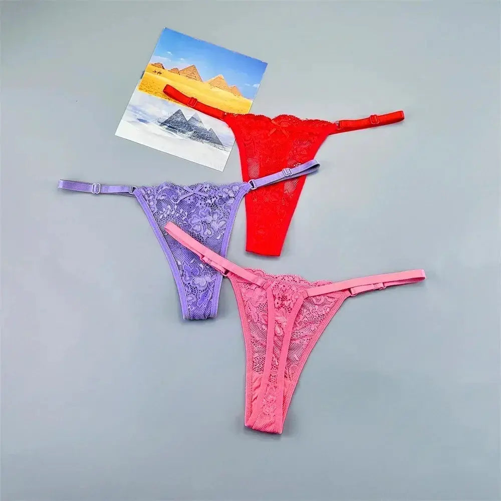 3-piece lace thong panty set for women, adjustable low-rise T-back in red, purple, and pink