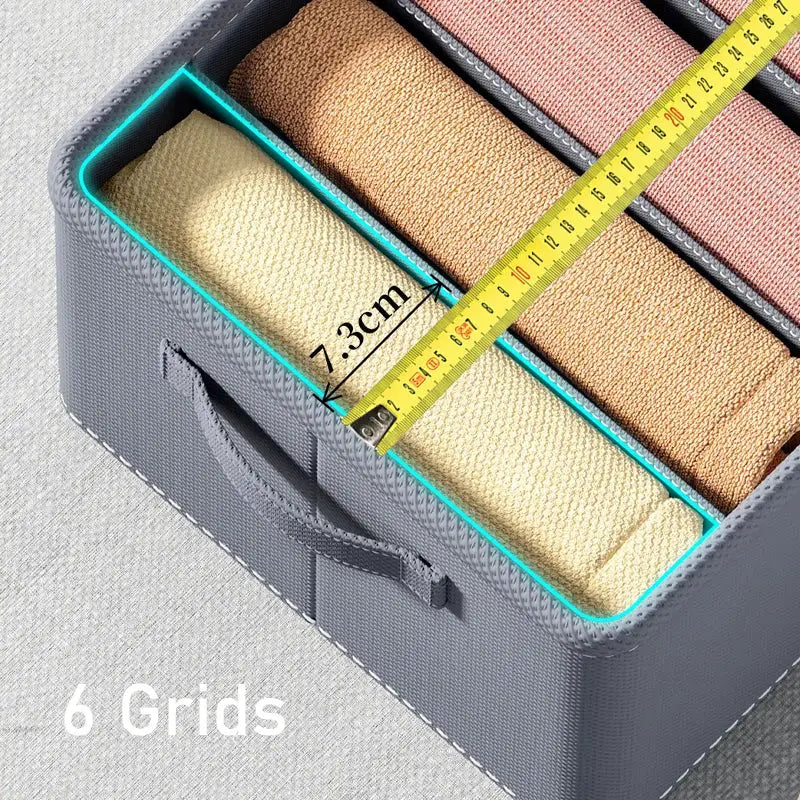 Thickened pants storage box, 6-grid foldable wardrobe organizer in gray fabric with teal trim for jeans and shirts