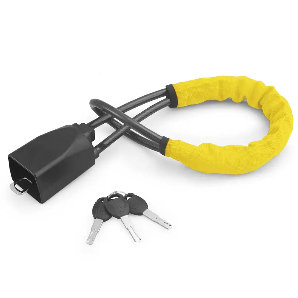 Car steering wheel lock with yellow fabric-covered steel cable and 3 keys by Simples Market