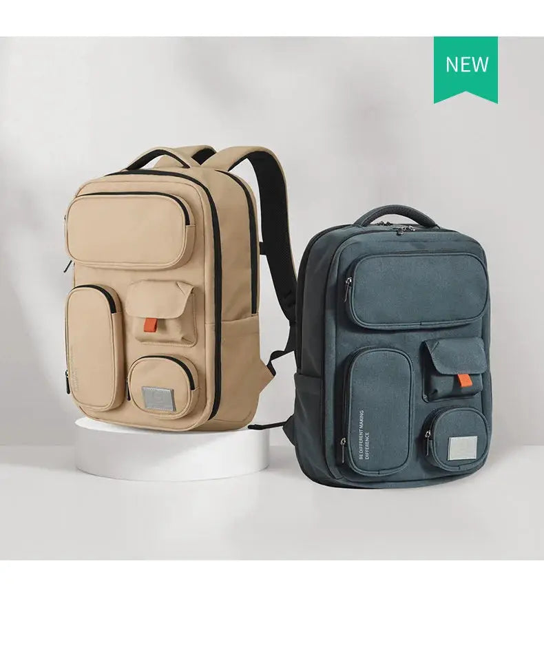 Two Mixi Outdoor Backpacks by Simples Market, 18-inch waterproof beige and blue rucksacks with multiple front pockets