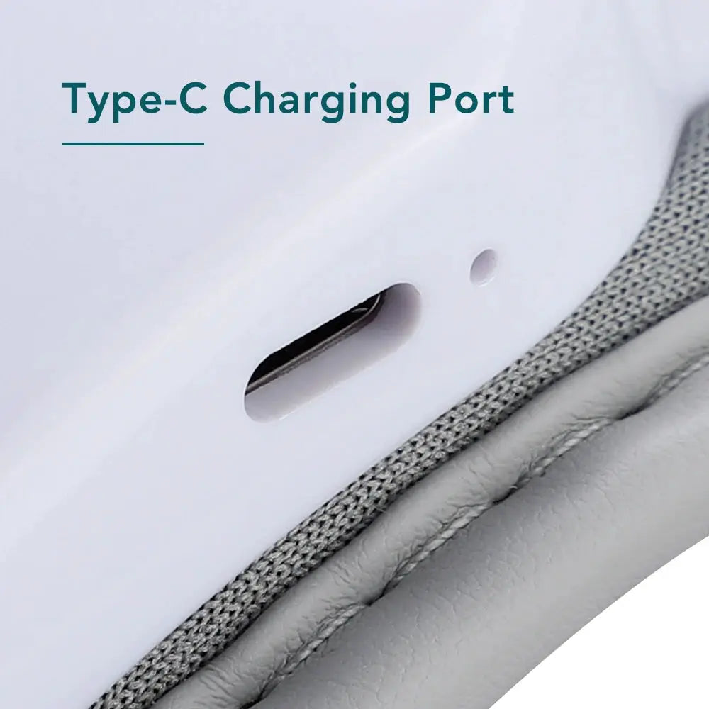 Foldable eye massager with Type-C charging port, white body and gray fabric trim.