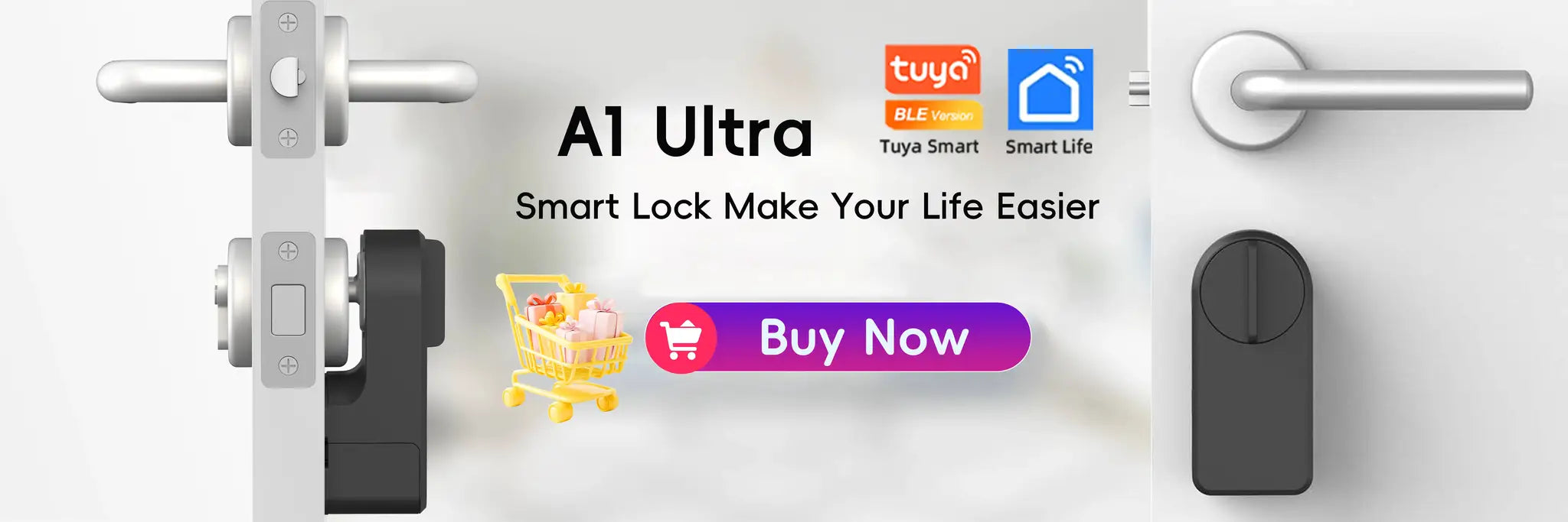 A1 Pro Bluetooth Smart Door Lock by Simples Market, silver door hardware with Tuya Smart Life logos and Buy Now banner