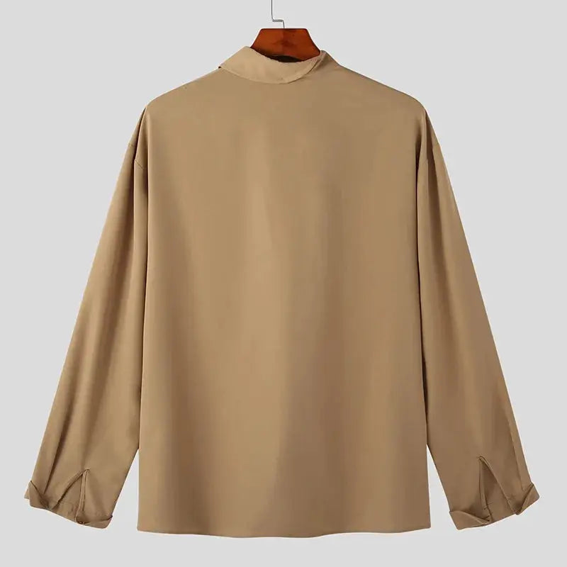 Beige men's long-sleeve shirt on hanger with stand collar and loose fit