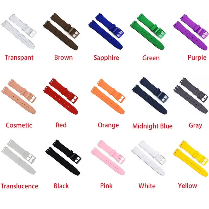 Simples Market silicone Swatch watch bands for men and women, 16–20mm, 15-color assortment.
