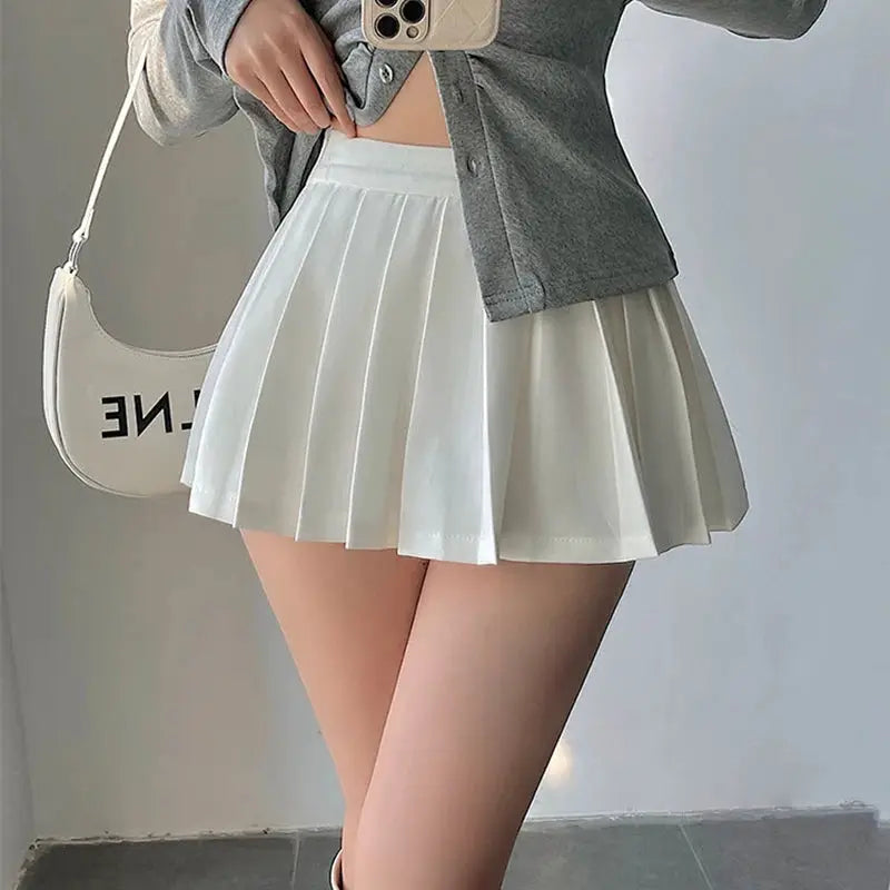 Pleated white high-waist mini skirt for women, A-line silhouette