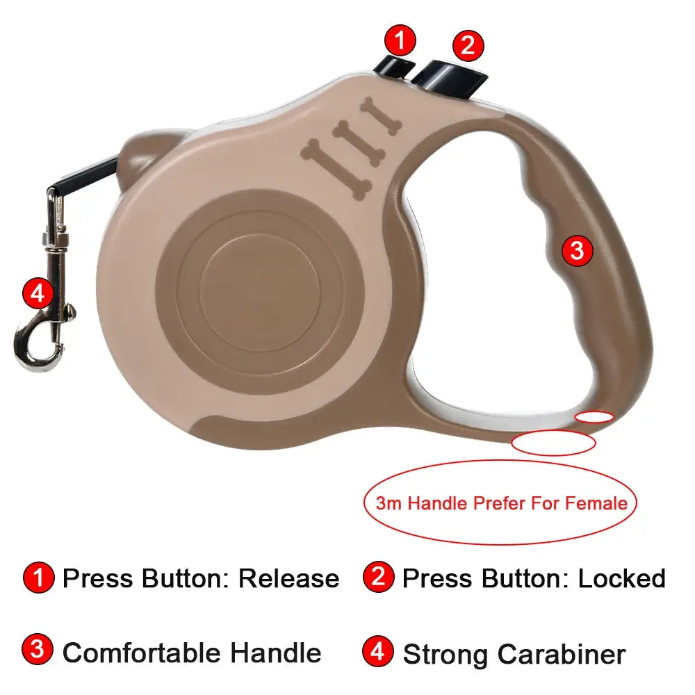 Retractable dog leash in brown nylon with comfortable handle and strong carabiner, 3m/5m length
