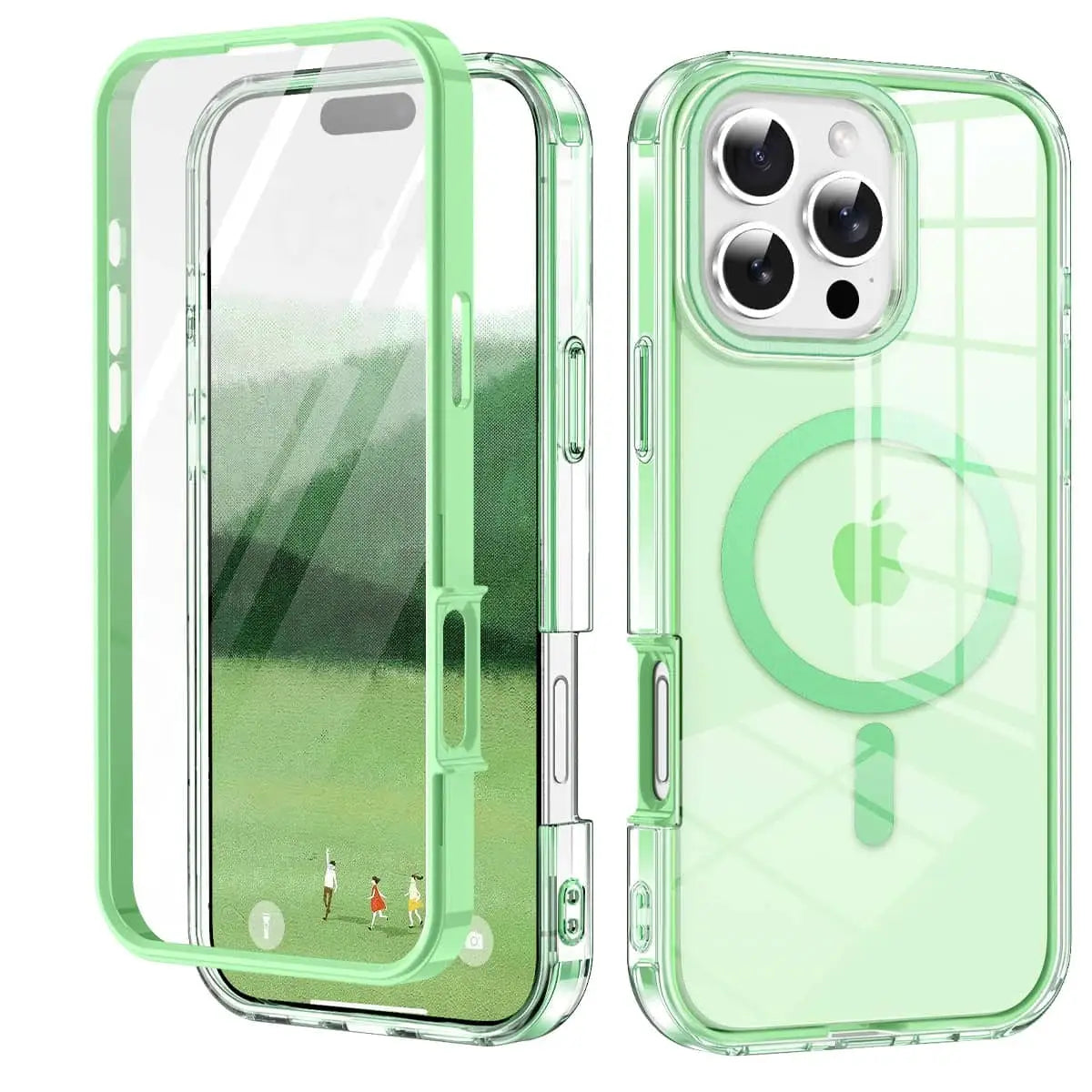 iPhone case clear green full-body shockproof with built-in magnetic screen protector