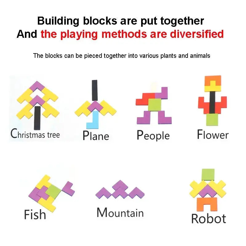 1 Set Wooden Blocks Puzzle Tangram Jigsaw Toy Brain Teasers 3D Colorful Russian Blocks Montessori Educational
