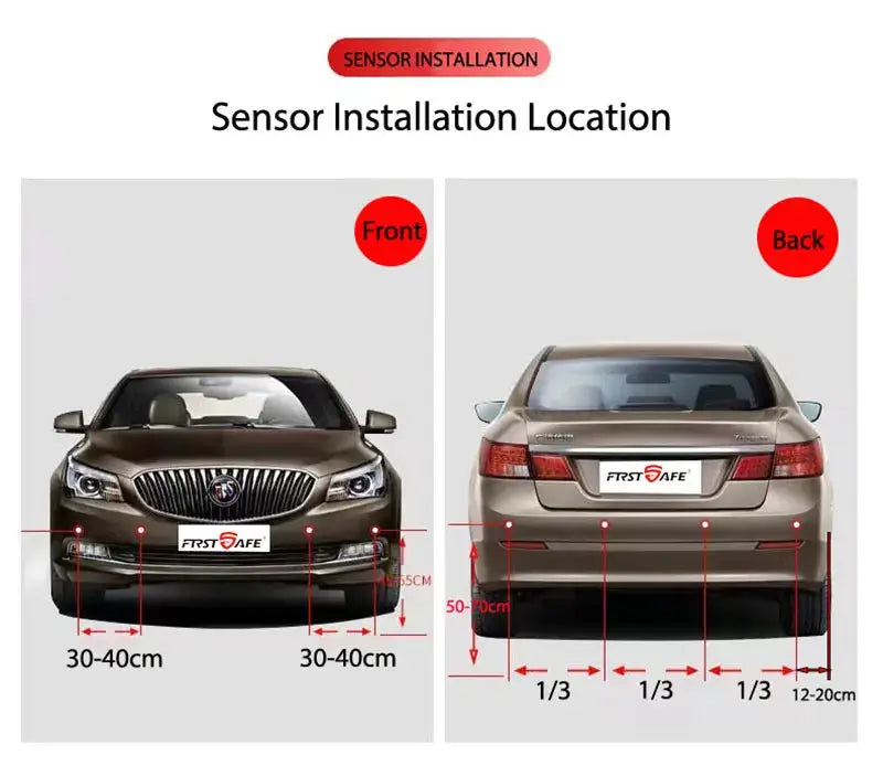 4-sensor 12V parking sensor kit with 16.5mm flat probes by Simples Market; front and rear installation locations